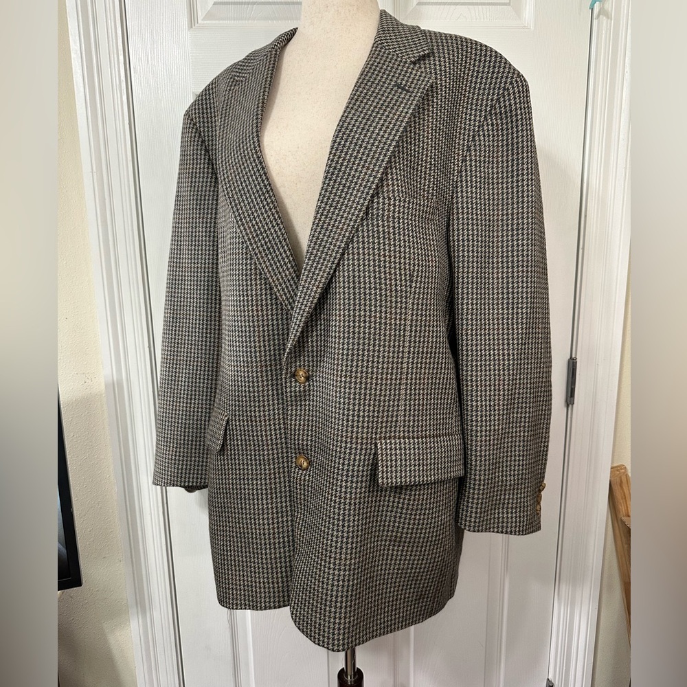 Brooks Brothers Houndstooth Men’s Blazer Wool Union Made USA Tan Blue Burgundy